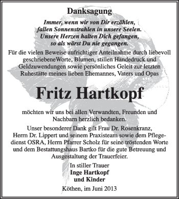Traueranzeige von Fritz Hartkopf von Super Sonntag Dessau / Köthen