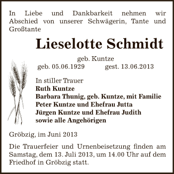Traueranzeige von Lieselotte Schmidt von WVG - Wochenspiegel Dessau / Köthen