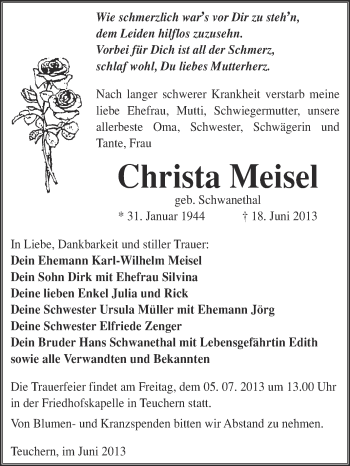 Traueranzeige von Christa Meisel von WVG - Wochenspiegel NMB / WSF / ZTZ