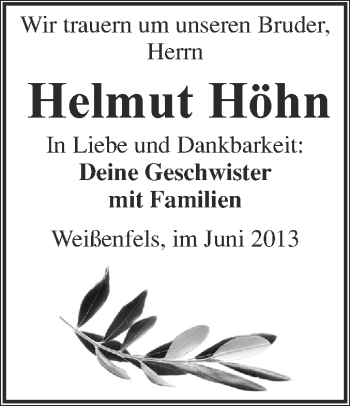 Traueranzeige von Helmut Höhn von Super Sonntag Merseburg