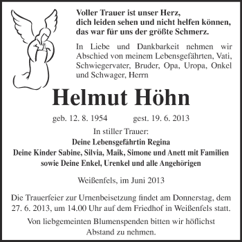 Traueranzeige von Helmut Höhn von Super Sonntag Merseburg