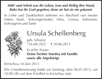 Traueranzeige von Ursula Schellenberg von Super Sonntag Merseburg