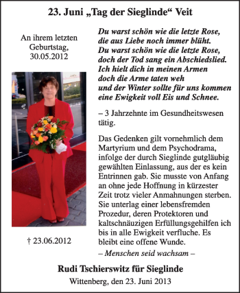 Traueranzeige von Sieglinde Veit von Super Sonntag Wittenberg