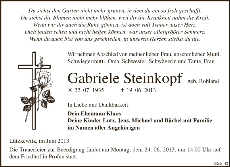 Traueranzeigen Von Gabriele Steinkopf Www Abschied Nehmen De