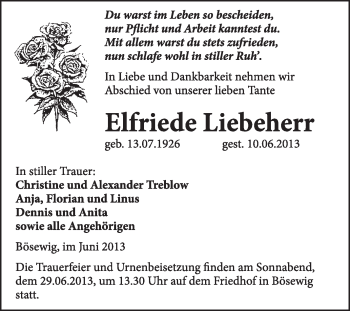 Traueranzeige von Elfriede Liebeherr von WVG - Wochenspiegel Wittenberg