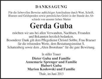 Traueranzeige von Gerda Guba von WVG - Wochenspiegel Quedlinburg