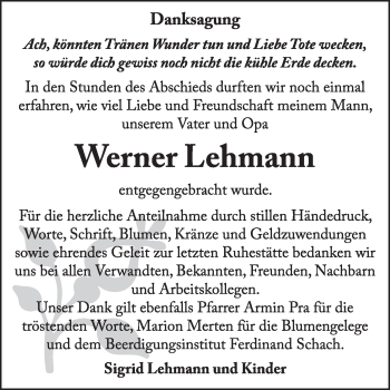 Traueranzeige von Werner Lehmann von Super Sonntag Wittenberg