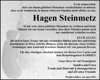 Traueranzeige von Hagen Steinmetz von WVG - Wochenspiegel Quedlinburg
