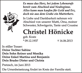 Traueranzeige von Christel Hönicke von WVG - Wochenspiegel Wittenberg
