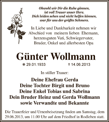 Traueranzeige von Günter Wollmann von WVG - Wochenspiegel Dessau / Köthen