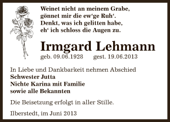 Traueranzeige von Irmgard Lehmann von Super Sonntag Bernburg