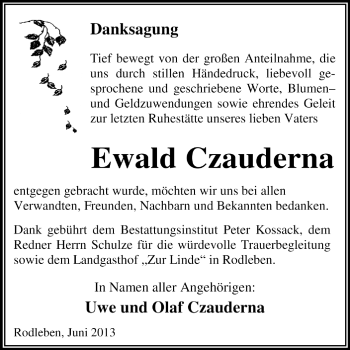 Traueranzeige von Ewald Czauderna von Super Sonntag Dessau / Köthen