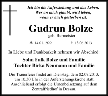Traueranzeige von Gudrun Bolze von Super Sonntag Dessau / Köthen