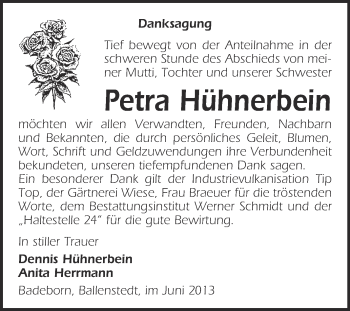 Traueranzeige von Petra Hühnerbein von WVG - Wochenspiegel Quedlinburg