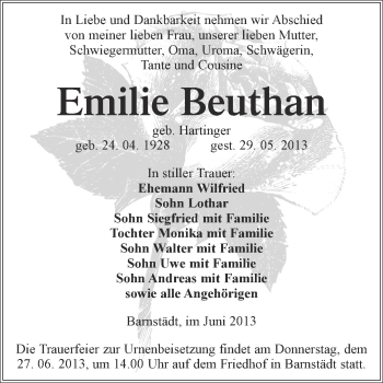 Traueranzeige von Emilie Beuthan von WVG - Wochenspiegel Merseburg