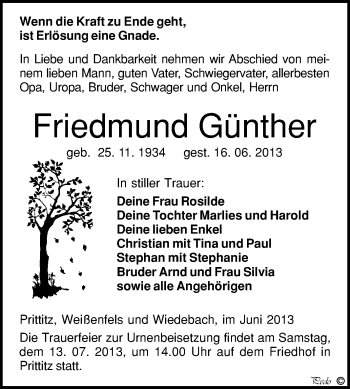 Traueranzeige von Friedmund Günther von WVG - Wochenspiegel NMB / WSF / ZTZ