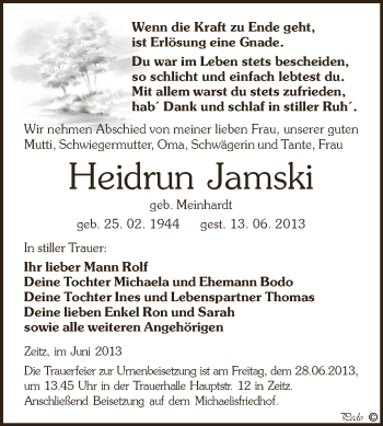 Traueranzeige von Heidrun Jamski von Super Sonntag Zeitz