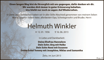 Traueranzeige von Helmuth Winkler von Super Sonntag Zeitz
