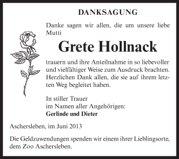 Traueranzeige von Grete Hollnack von WVG - Wochenspiegel Aschersleben
