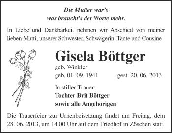 Traueranzeige von Gisela Böttger von Super Sonntag Merseburg