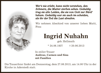 Traueranzeige von Ingrid Nuhahn von Super Sonntag Bernburg