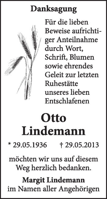 Traueranzeige von Otto Lindemann von Super Sonntag Wittenberg