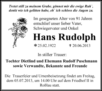 Traueranzeige von Hans Rudolph von Super Sonntag Dessau / Köthen