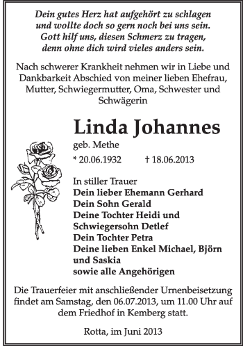 Traueranzeige von Linda Johannes von Super Sonntag Wittenberg
