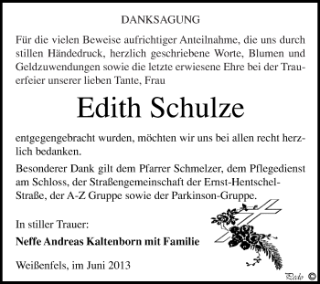 Traueranzeige von Edith Schulze von WVG - Wochenspiegel NMB / WSF / ZTZ