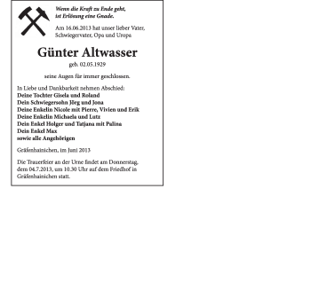 Traueranzeige von Günter Altwasser von WVG - Wochenspiegel Wittenberg