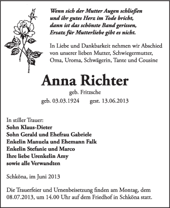 Traueranzeige von Anna Richter von WVG - Wochenspiegel Wittenberg