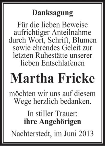 Traueranzeige von Martha Fricke von WVG - Wochenspiegel Aschersleben