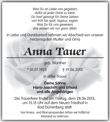 Traueranzeige von Anna Tauer von Super Sonntag Merseburg