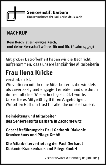 Traueranzeige von Ilona Kricke von Super Sonntag Wittenberg