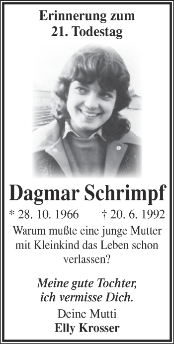 Traueranzeige von Dagmar Schrimpf von WVG - Wochenspiegel NMB / WSF / ZTZ