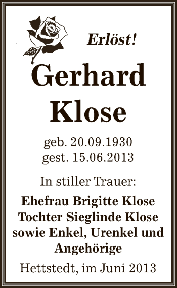 Traueranzeige von Gerhard Klose von Wochenspiegel Mansfelder Land