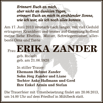 Traueranzeige von Erika Zander von WVG - Wochenspiegel Bitterfeld