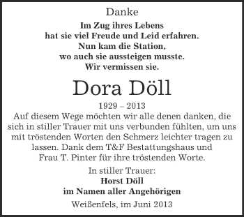 Traueranzeige von Dora Döll von WVG - Wochenspiegel NMB / WSF / ZTZ