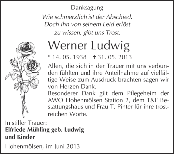 Traueranzeige von Werner Ludwig von WVG - Wochenspiegel NMB / WSF / ZTZ