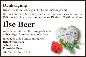 Traueranzeige von Ilse Beer von Super Sonntag Zeitz