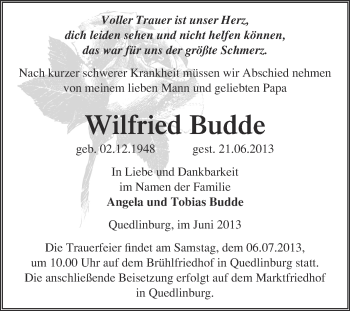 Traueranzeige von Wilfried Budde von WVG - Wochenspiegel Quedlinburg