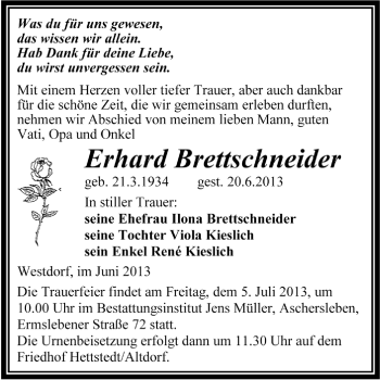 Traueranzeige von Erhard Brettschneider von WVG - Wochenspiegel Aschersleben