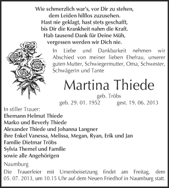 Traueranzeige von Martina Thiede von WVG - Wochenspiegel NMB / WSF / ZTZ