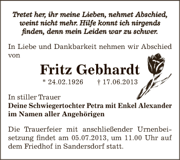 Traueranzeige von Fritz Gebhardt von WVG - Wochenspiegel Bitterfeld