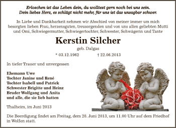 Traueranzeige von Kerstin Silcher von WVG - Wochenspiegel Bitterfeld