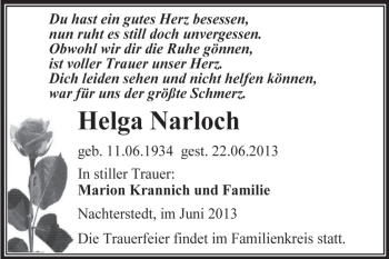 Traueranzeige von Helga Narloch von WVG - Wochenspiegel Aschersleben