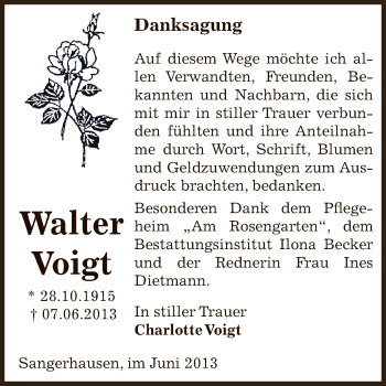 Traueranzeige von Walter Voigt von Super Sonntag SGH Mansf. Land