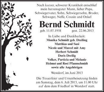 Traueranzeige von Bernd Schmidt von WVG - Wochenspiegel Aschersleben