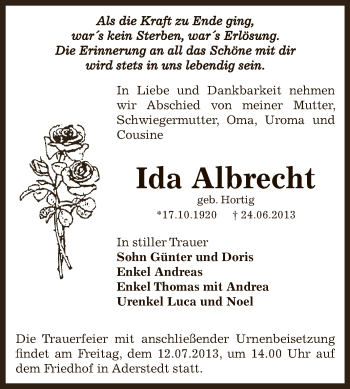 Traueranzeige von Ida Albrecht von Super Sonntag Bernburg