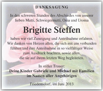 Traueranzeige von Brigitte Steffen von WVG - Wochenspiegel Merseburg